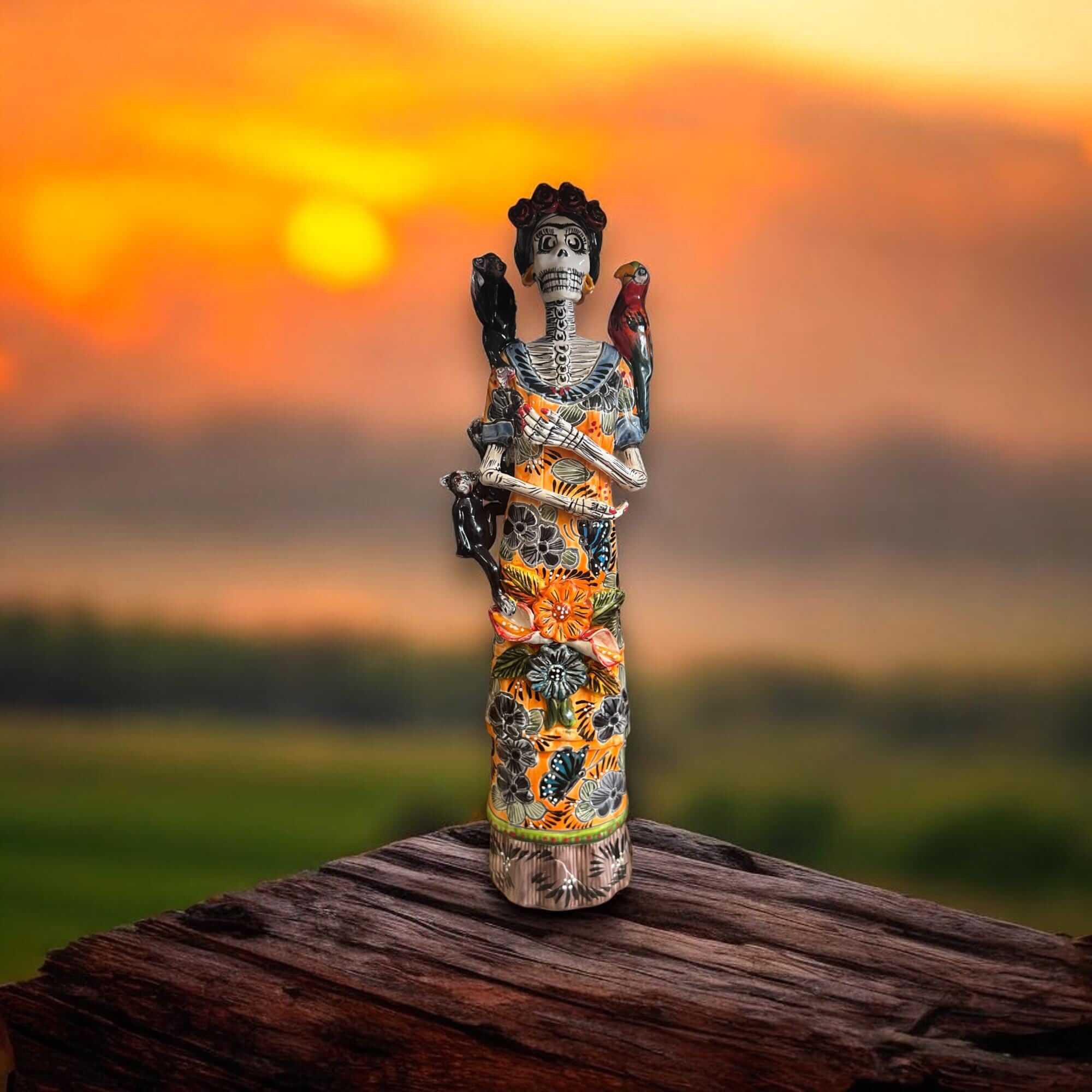 Talavera Catrina Figurine | Day of the Dead Skeleton with Monkey & Bird Talavera Figurine La Vie Bien Talavera Catrina Figurine | Day of the Dead Skeleton with Monkey & Bird