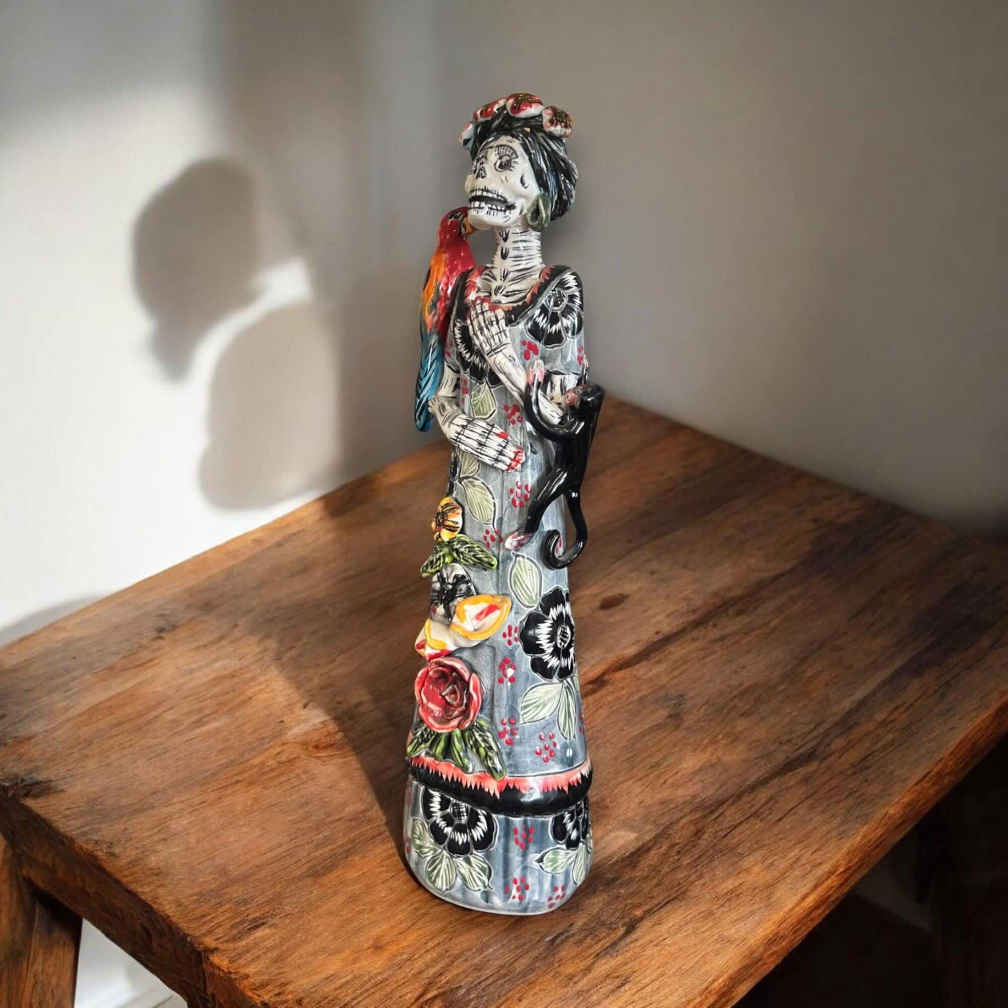 Talavera Catrina Figurine | Day of the Dead Skeleton with Monkey & Bird Talavera Figurine La Vie Bien Talavera Catrina Figurine | Day of the Dead Skeleton with Monkey & Bird