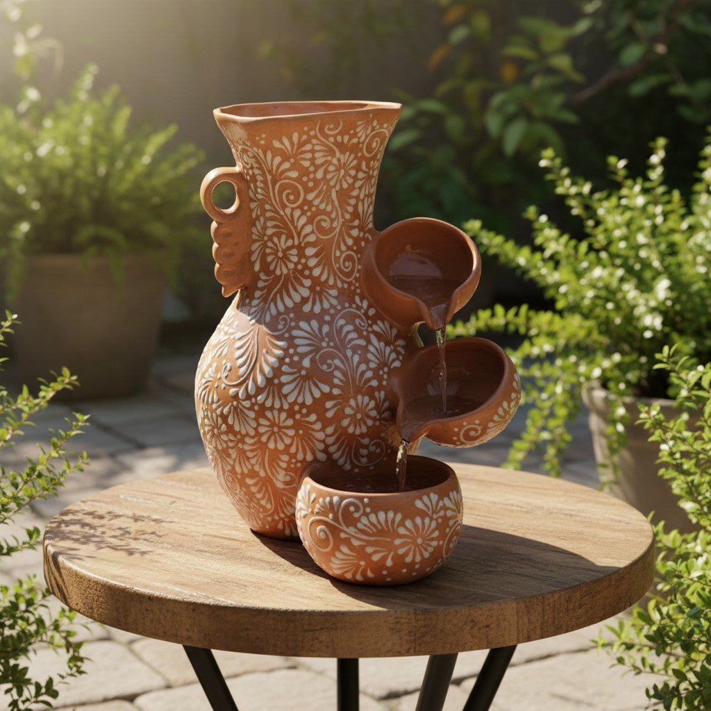 Talavera Ceramic Fountain | Brown & White Relief Design Talavera Fountain La Vie Bien Talavera Ceramic Fountain | Brown & White Relief Design