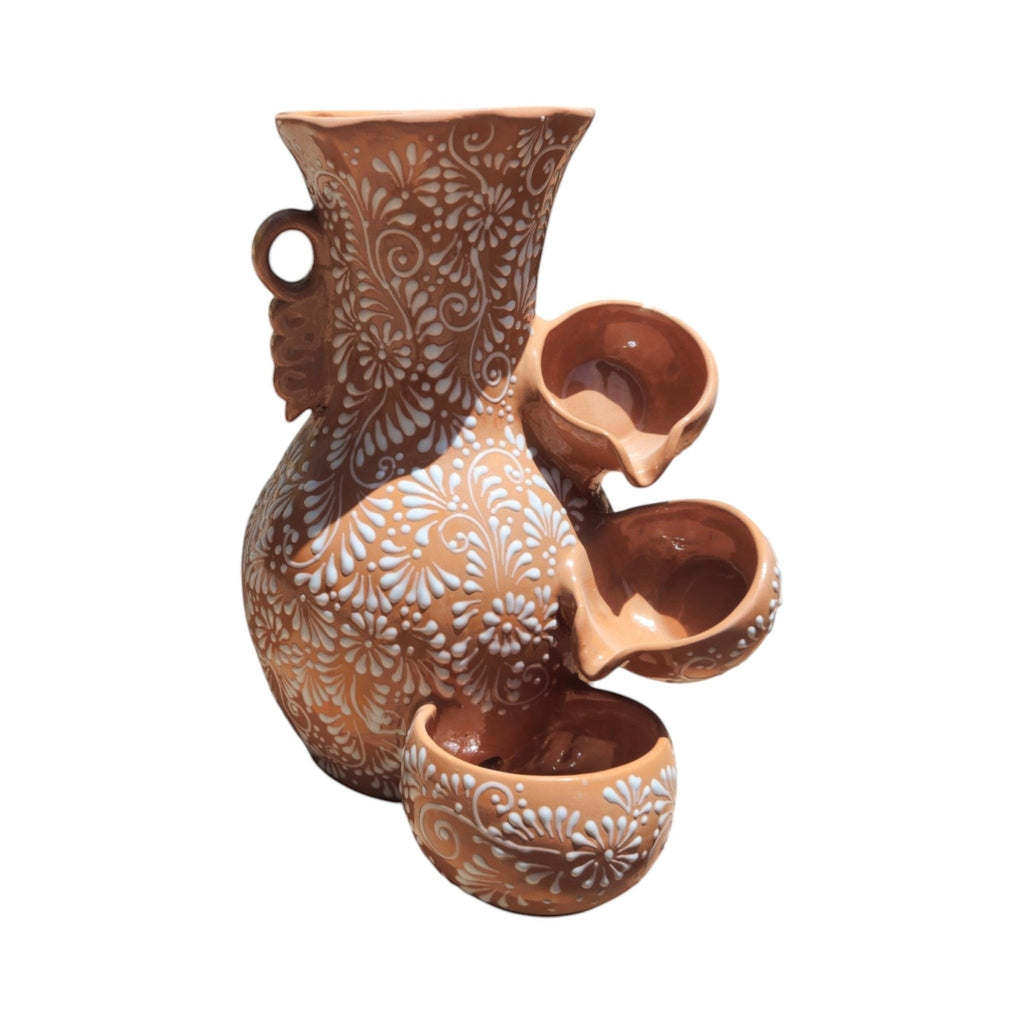 Talavera Ceramic Fountain | Brown & White Relief Design Talavera Fountain La Vie Bien Talavera Ceramic Fountain | Brown & White Relief Design
