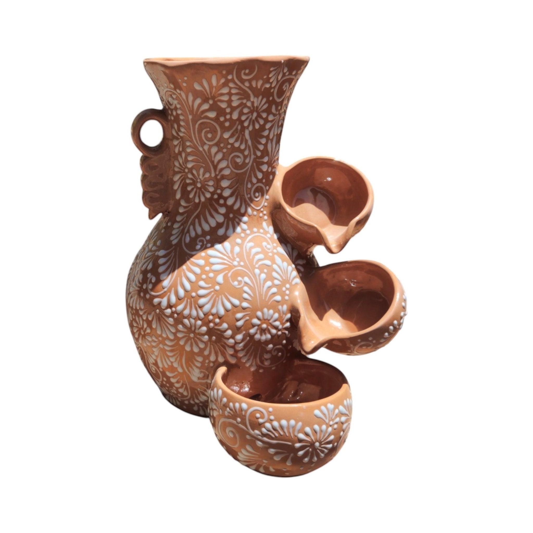 Talavera Ceramic Fountain | Brown & White Relief Design Talavera Fountain La Vie Bien Talavera Ceramic Fountain | Brown & White Relief Design
