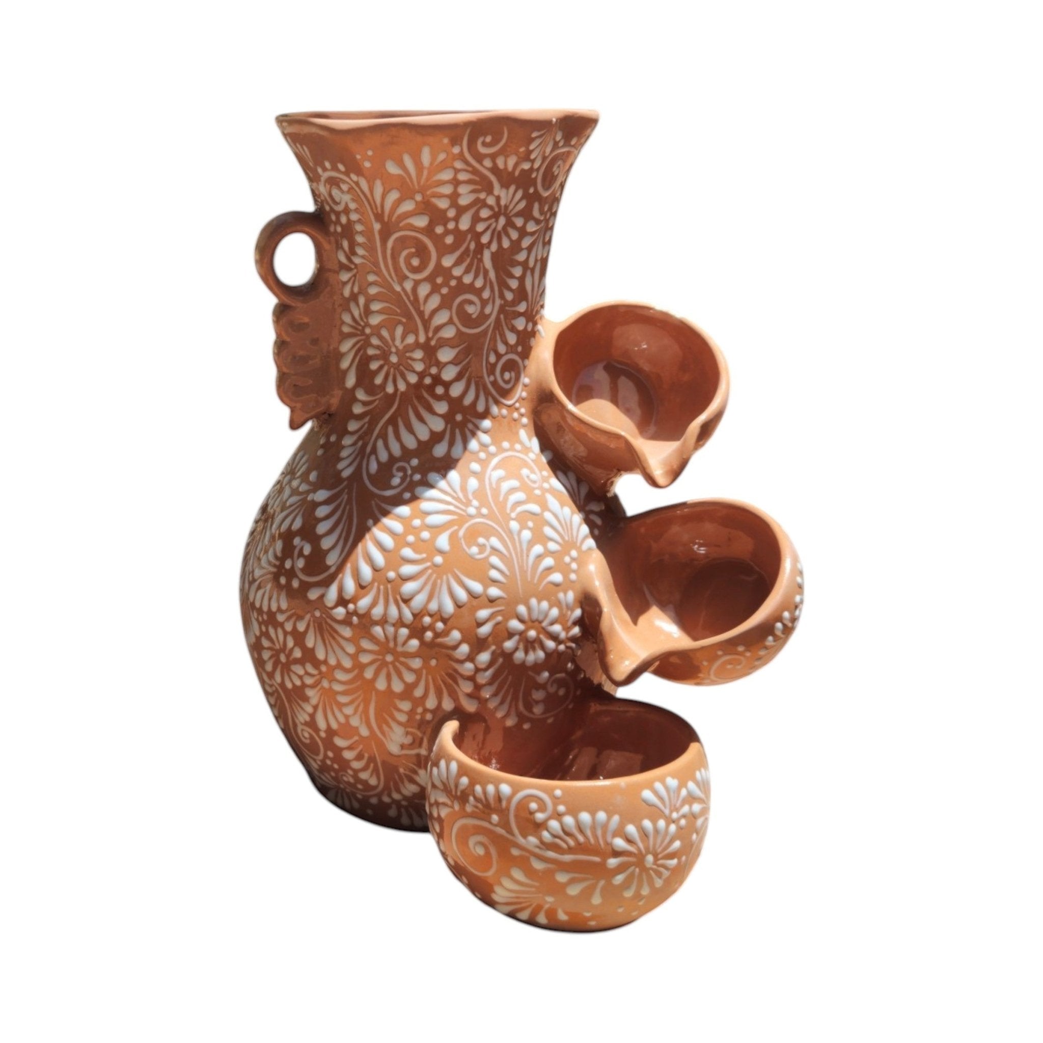 Talavera Ceramic Fountain | Brown & White Relief Design Talavera Fountain La Vie Bien Talavera Ceramic Fountain | Brown & White Relief Design