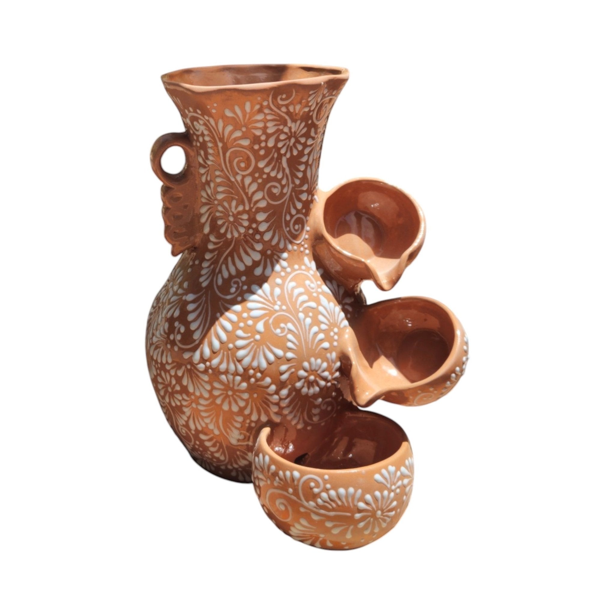 Talavera Ceramic Fountain | Brown & White Relief Design Talavera Fountain La Vie Bien Talavera Ceramic Fountain | Brown & White Relief Design