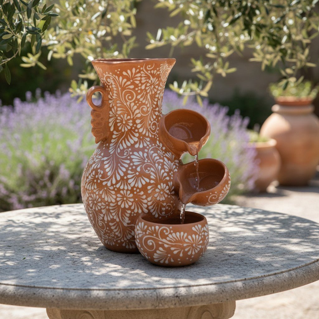 Talavera Ceramic Fountain | Brown & White Relief Design Talavera Fountain La Vie Bien Talavera Ceramic Fountain | Brown & White Relief Design