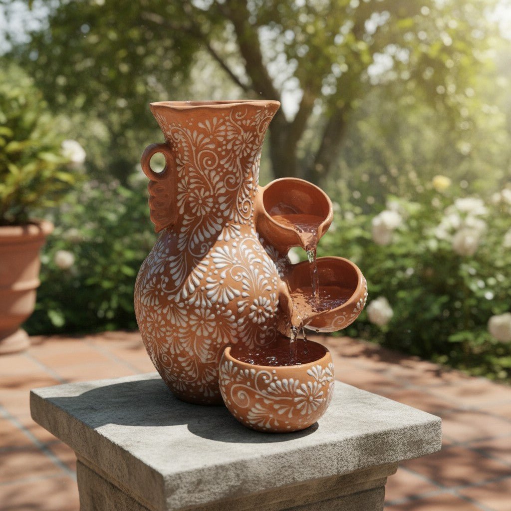 Talavera Ceramic Fountain | Brown & White Relief Design Talavera Fountain La Vie Bien Talavera Ceramic Fountain | Brown & White Relief Design