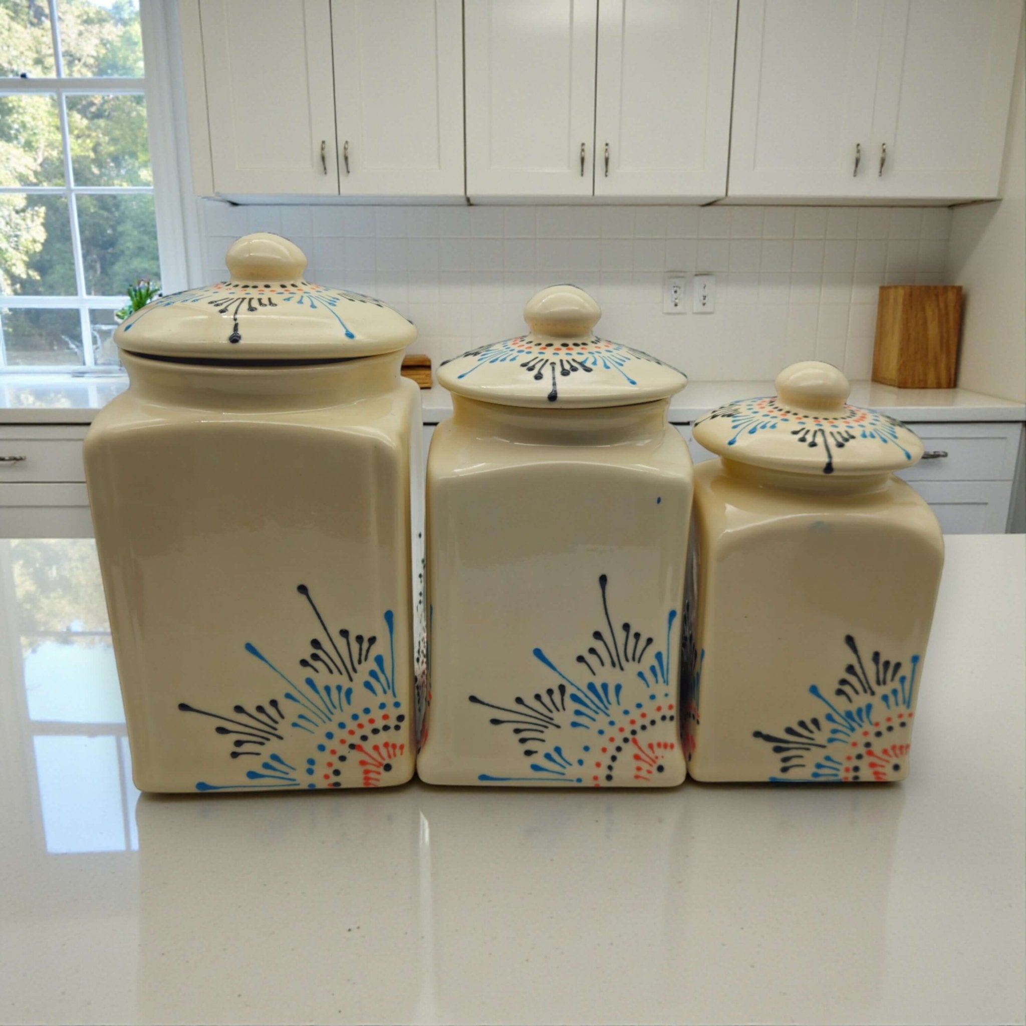 Talavera Ceramic Kitchen Canister Trio | White Multicolor Set Talavera Canister Set La Vie Bien Talavera Ceramic Kitchen Canister Trio | White Multicolor Set