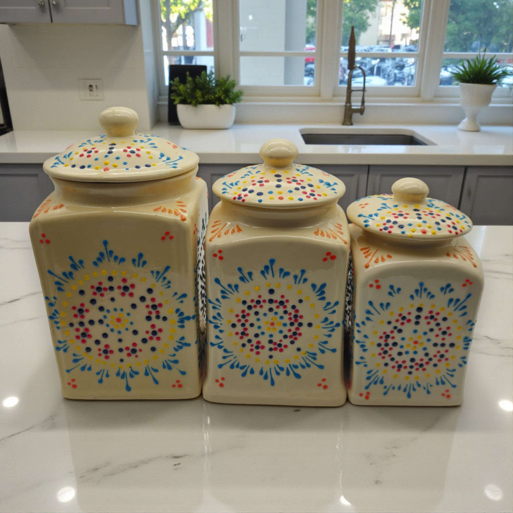 Talavera Ceramic Kitchen Canister Trio | White Multicolor Set Talavera Canister Set La Vie Bien Talavera Ceramic Kitchen Canister Trio | White Multicolor Set