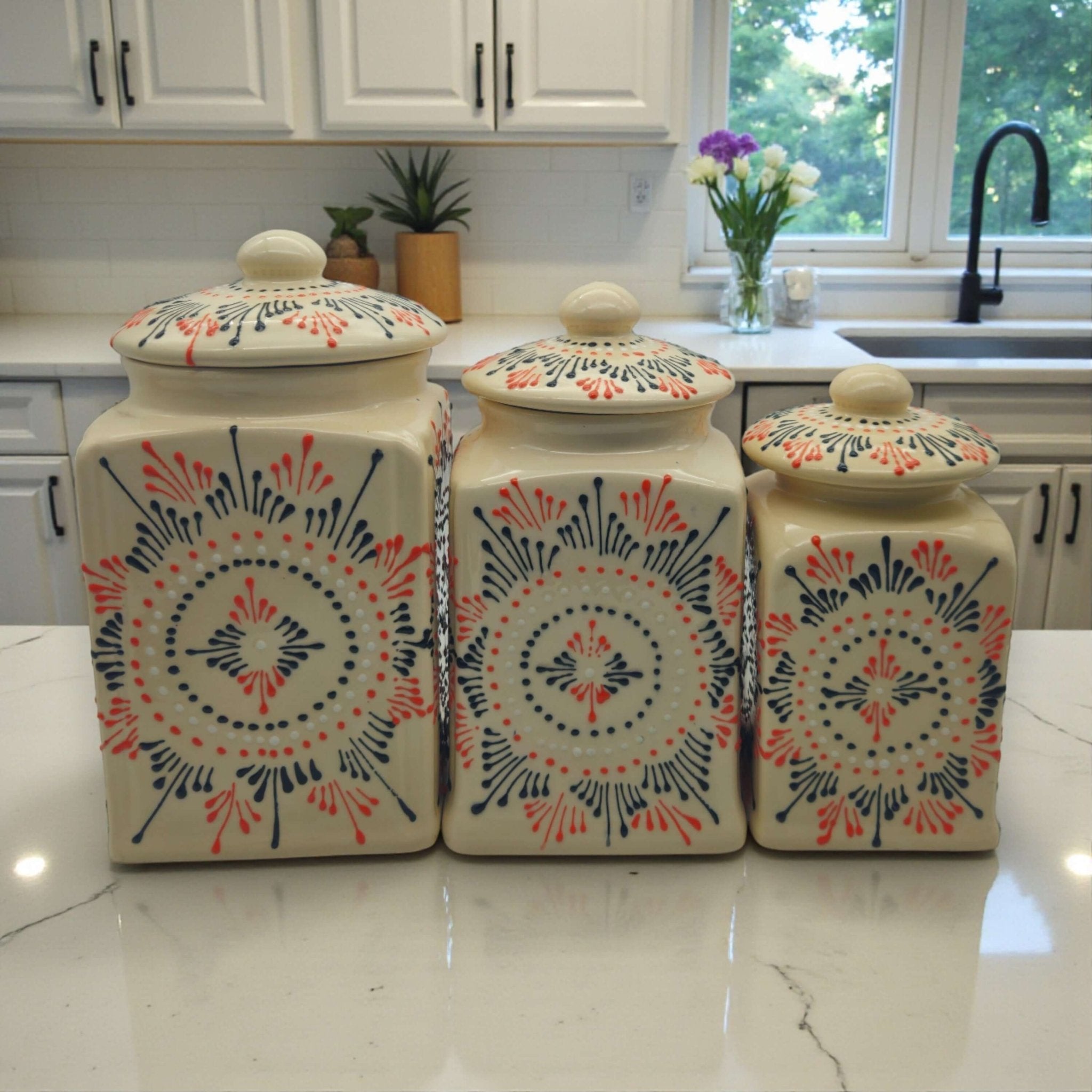 Talavera Ceramic Kitchen Canister Trio | White Multicolor Set Talavera Canister Set La Vie Bien Talavera Ceramic Kitchen Canister Trio | White Multicolor Set