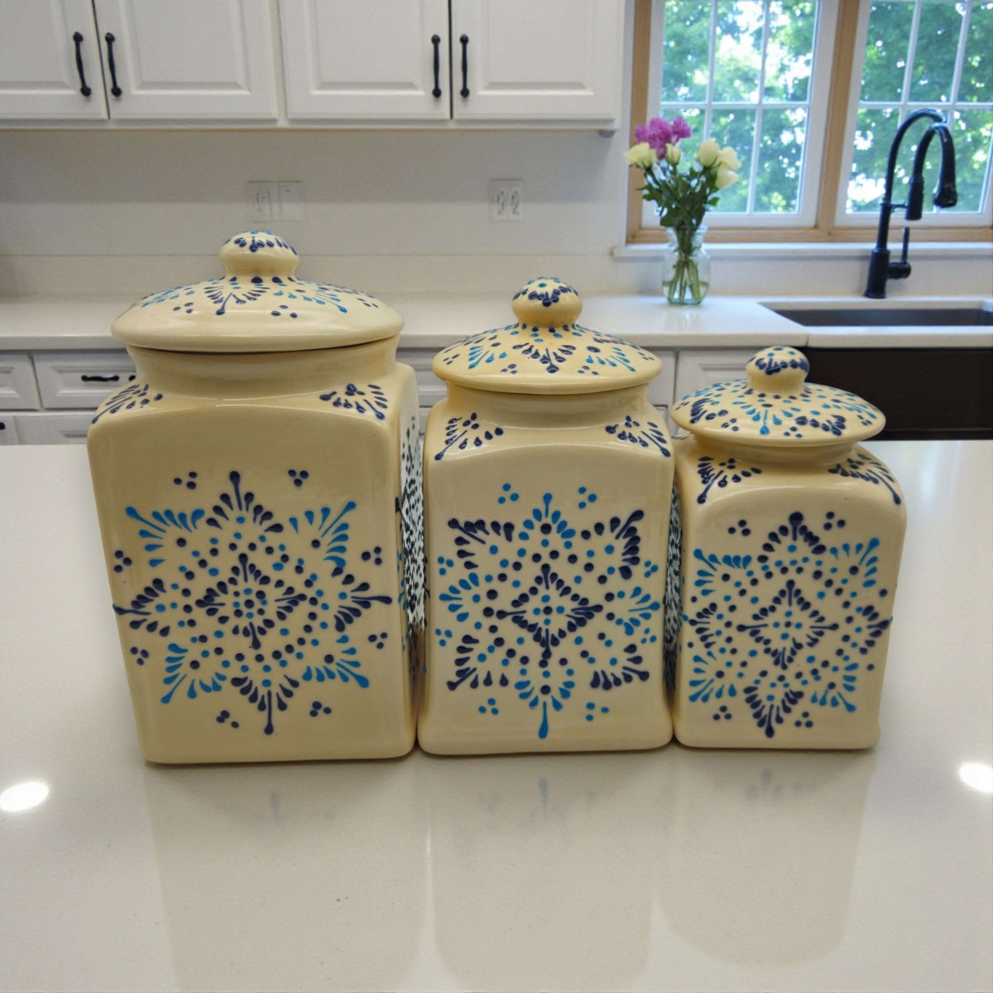 Talavera Ceramic Kitchen Canister Trio | White Multicolor Set Talavera Canister Set La Vie Bien Talavera Ceramic Kitchen Canister Trio | White Multicolor Set