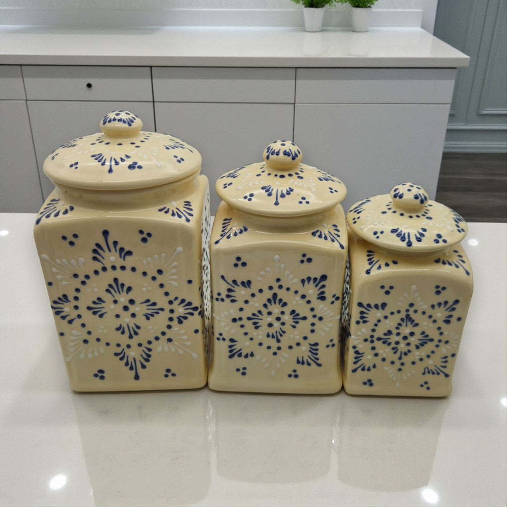 Talavera Ceramic Kitchen Canister Trio | White Multicolor Set Talavera Canister Set La Vie Bien Talavera Ceramic Kitchen Canister Trio | White Multicolor Set