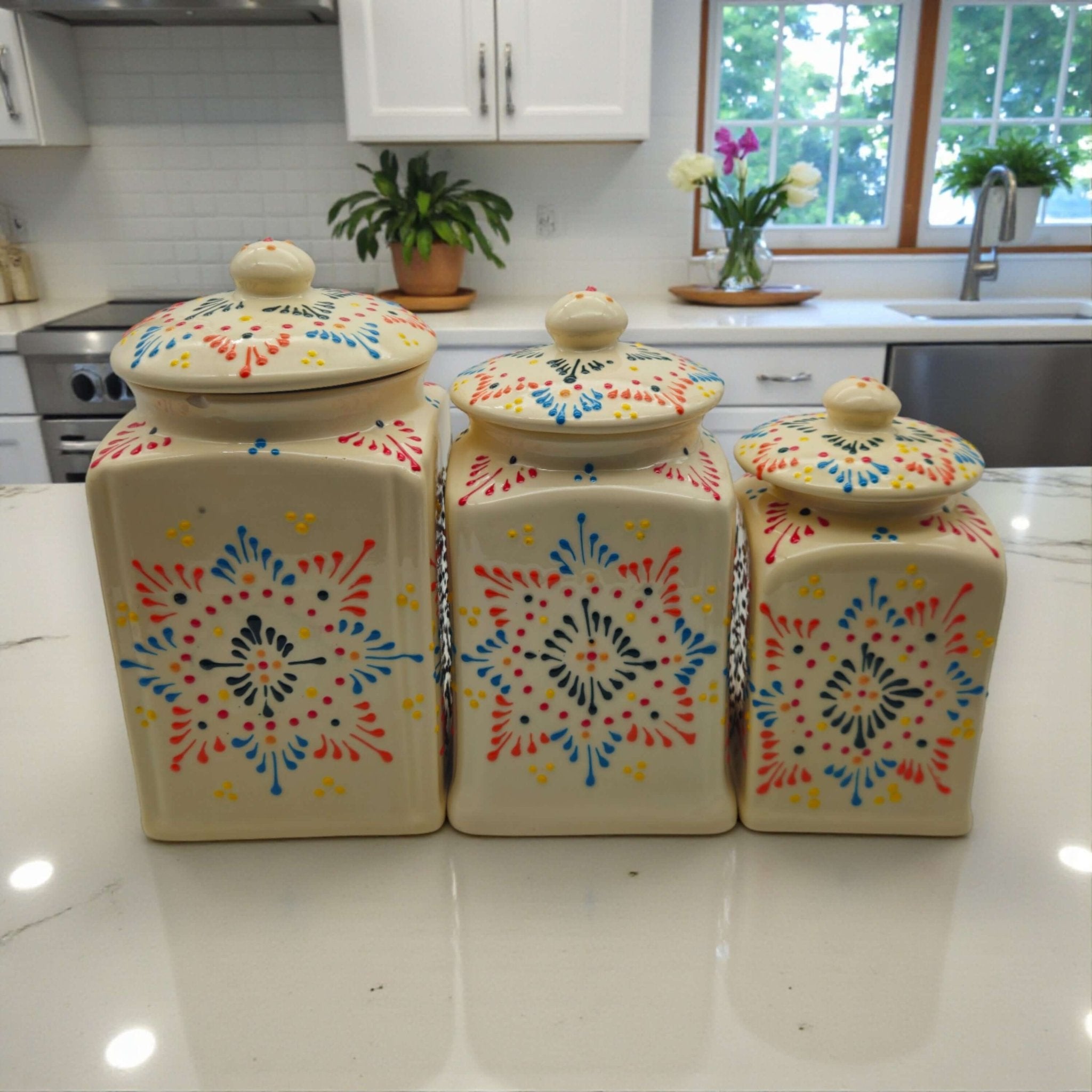 Talavera Ceramic Kitchen Canister Trio | White Multicolor Set Talavera Canister Set La Vie Bien Talavera Ceramic Kitchen Canister Trio | White Multicolor Set