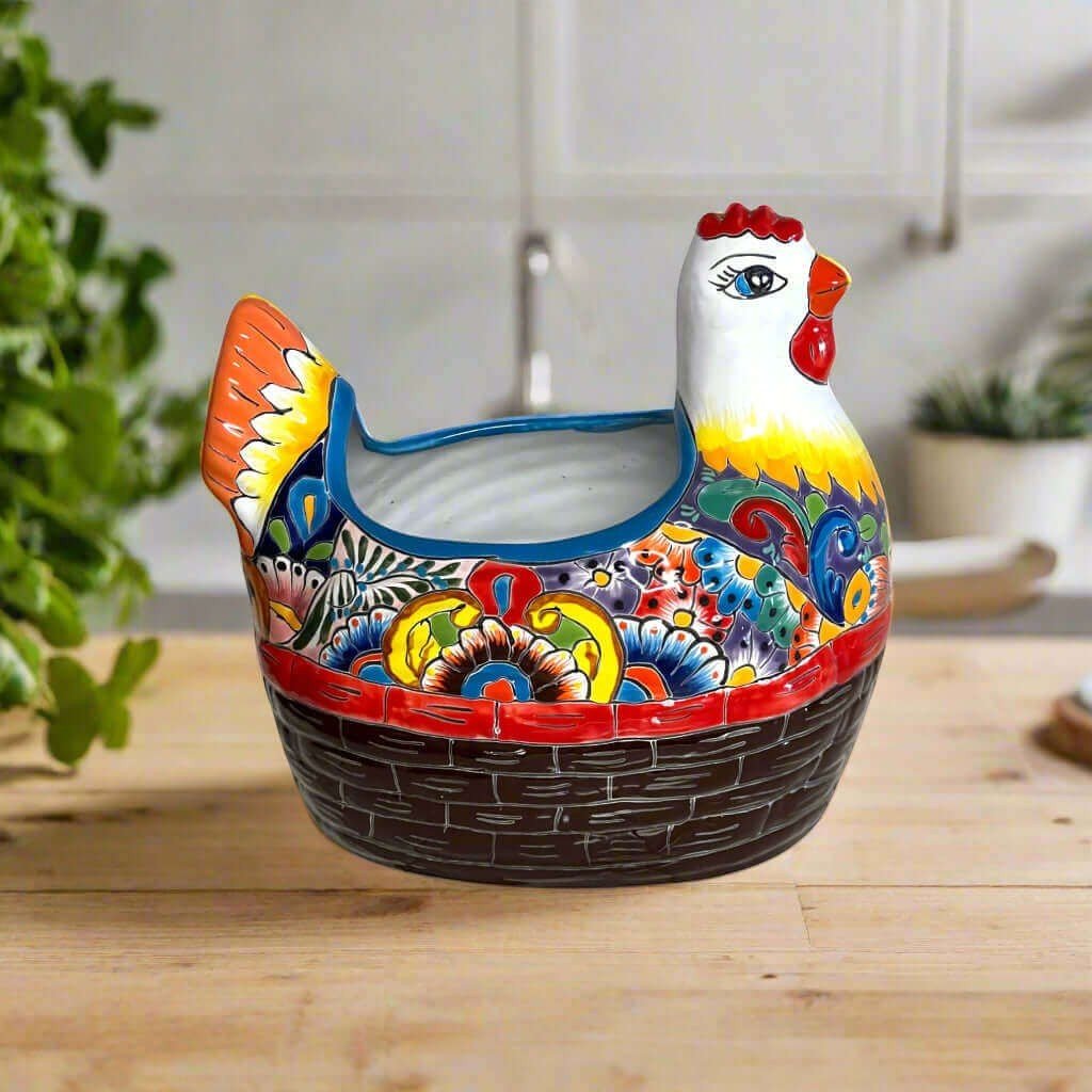 Talavera Chicken Planter | Hand-Painted Mexican Ceramic Statue Talavera Planter La Vie Bien Talavera Chicken Planter | Hand-Painted Mexican Ceramic Statue