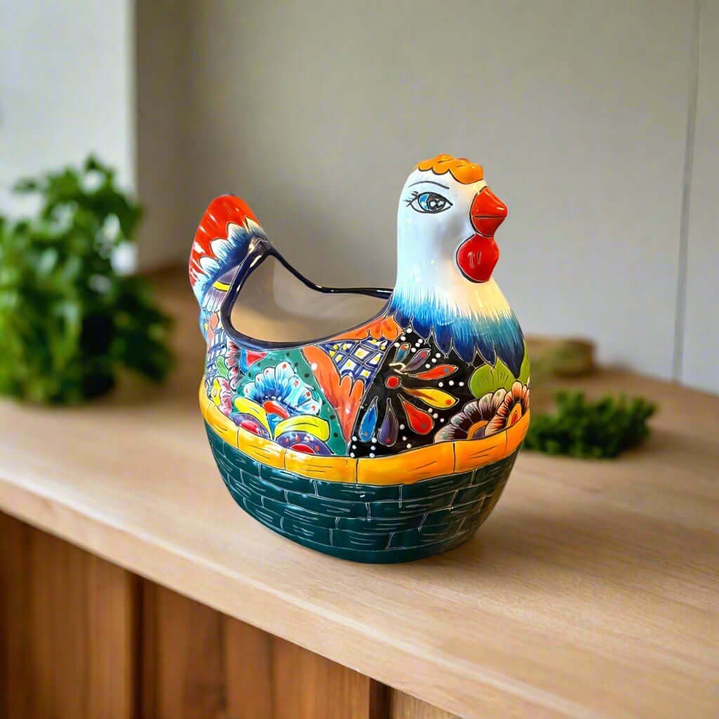 Talavera Chicken Planter | Hand-Painted Mexican Ceramic Statue Talavera Planter La Vie Bien Talavera Chicken Planter | Hand-Painted Mexican Ceramic Statue