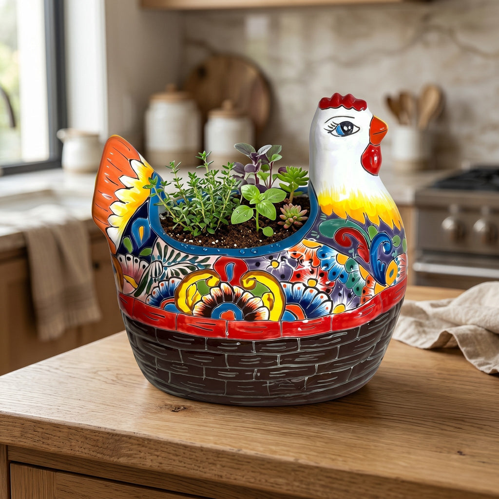 Talavera Chicken Planter | Hand-Painted Mexican Ceramic Statue Talavera Planter La Vie Bien Talavera Chicken Planter | Hand-Painted Mexican Ceramic Statue