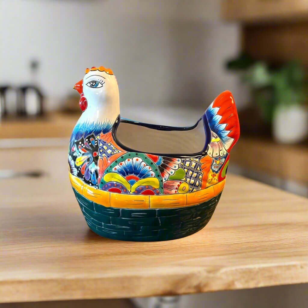Talavera Chicken Planter | Hand-Painted Mexican Ceramic Statue Talavera Planter La Vie Bien Talavera Chicken Planter | Hand-Painted Mexican Ceramic Statue