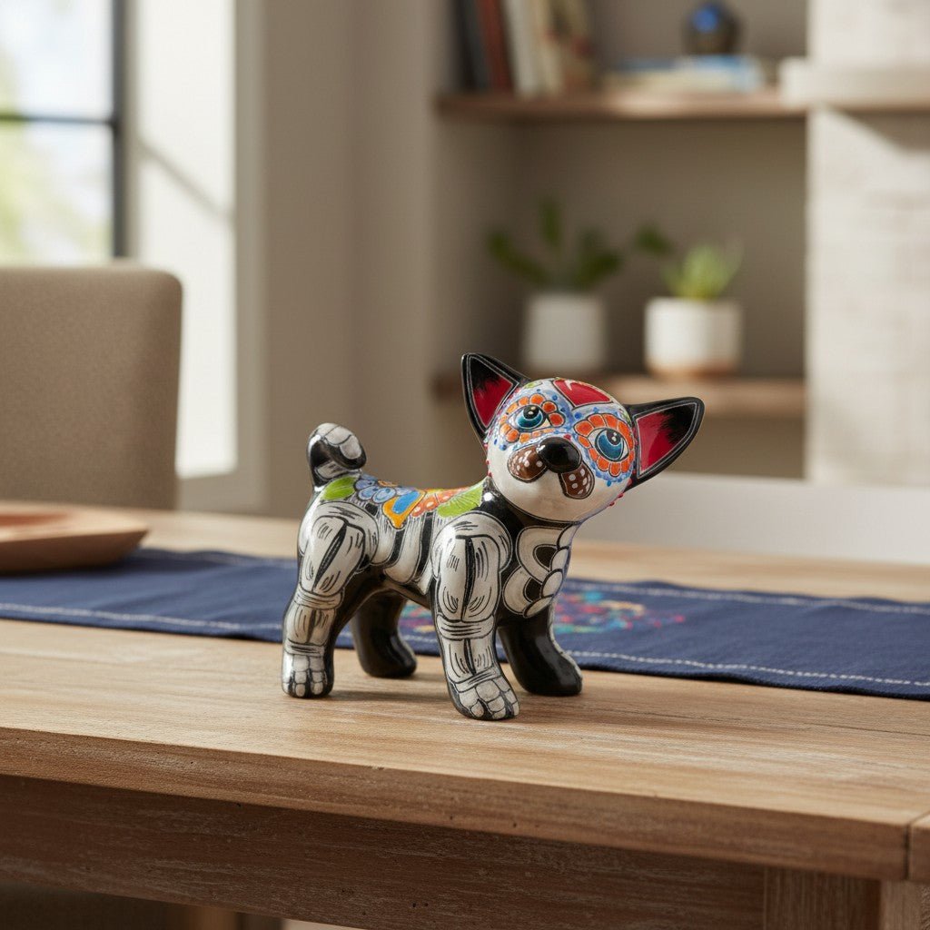 Talavera Chihuahua Figurine | Hand-Painted Day of the Dead Art Talavera Figurine La Vie Bien Talavera Chihuahua Figurine | Hand-Painted Day of the Dead Art