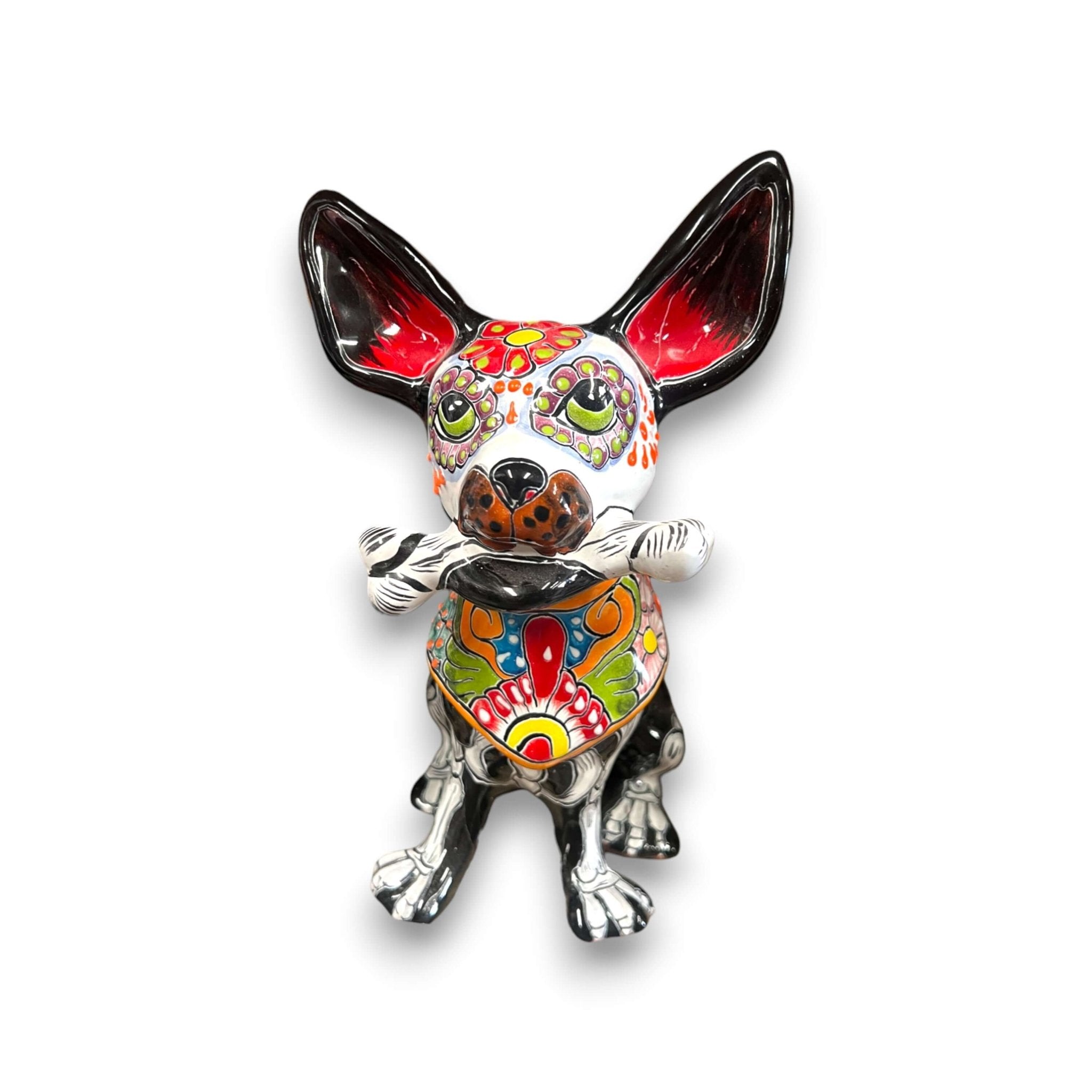 Talavera Chihuahua Holding Bone | Day of the Dead Dog Figurine Talavera Figurine La Vie Bien Talavera Chihuahua Holding Bone | Day of the Dead Dog Figurine