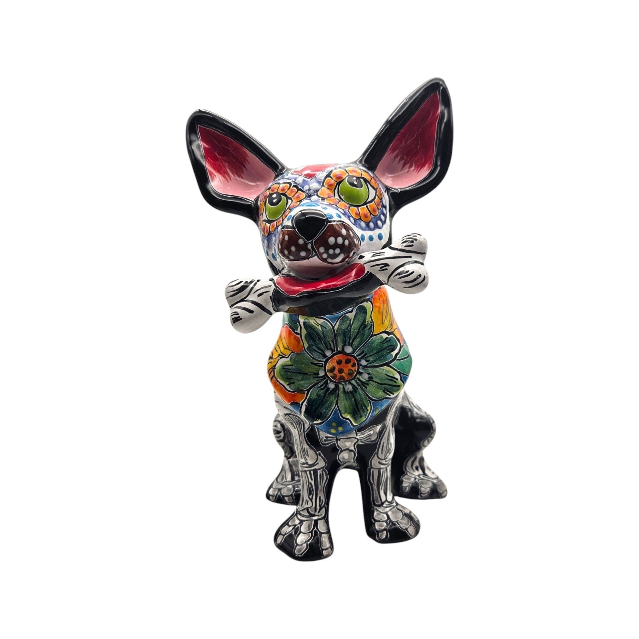 Talavera Chihuahua Holding Bone | Day of the Dead Dog Figurine Talavera Figurine La Vie Bien Talavera Chihuahua Holding Bone | Day of the Dead Dog Figurine
