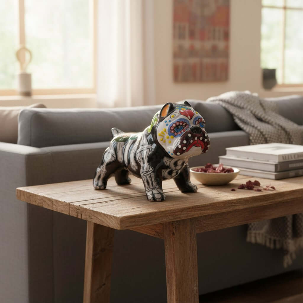 Talavera Cropped Ear Dog Statue | Day of the Dead Design Talavera Statue La Vie Bien Talavera Cropped Ear Dog Statue | Day of the Dead Design