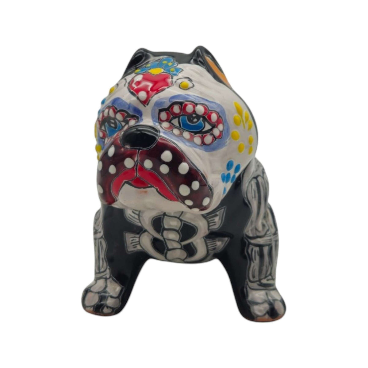 Talavera Cropped Ear Dog Statue | Day of the Dead Design Talavera Statue La Vie Bien Talavera Cropped Ear Dog Statue | Day of the Dead Design