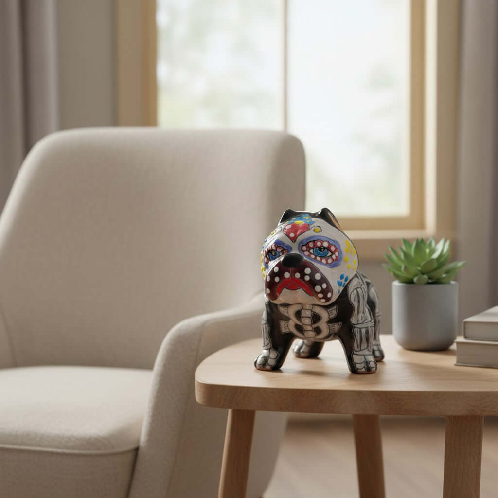 Talavera Cropped Ear Dog Statue | Day of the Dead Design Talavera Statue La Vie Bien Talavera Cropped Ear Dog Statue | Day of the Dead Design