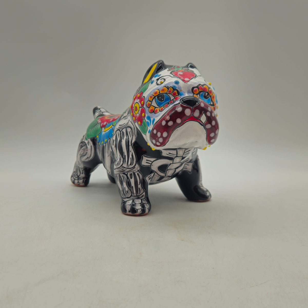Talavera Cropped Ear Dog Statue | Day of the Dead Design