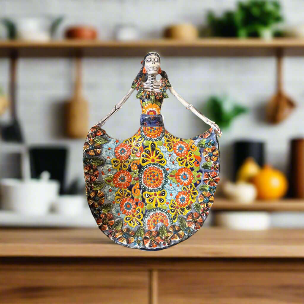 Talavera Day of the Dead Catrina | Colorful Dress Figurine Talavera Figurine La Vie Bien Talavera Day of the Dead Catrina | Colorful Dress Figurine