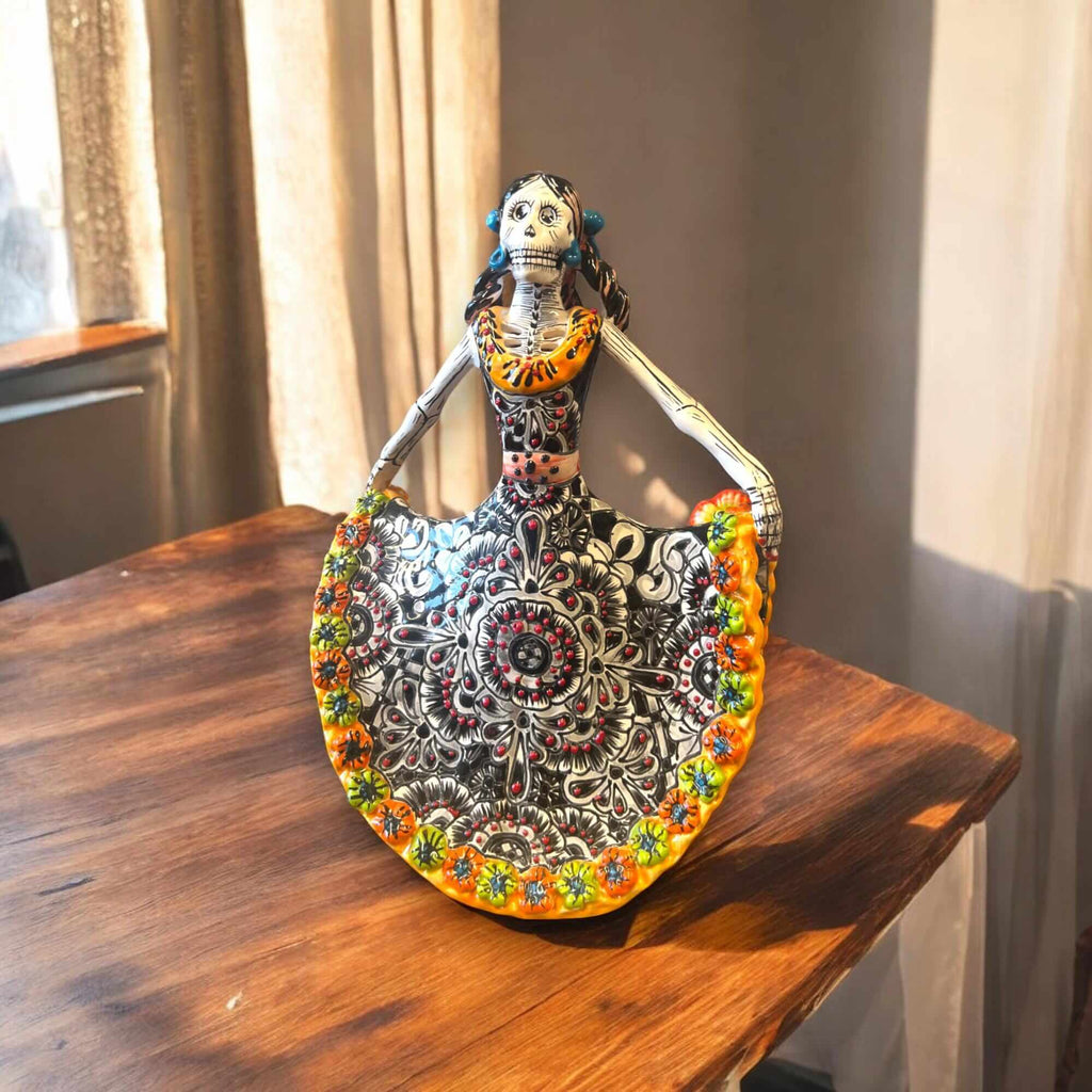 Talavera Day of the Dead Catrina | Colorful Dress Figurine Talavera Figurine La Vie Bien Talavera Day of the Dead Catrina | Colorful Dress Figurine