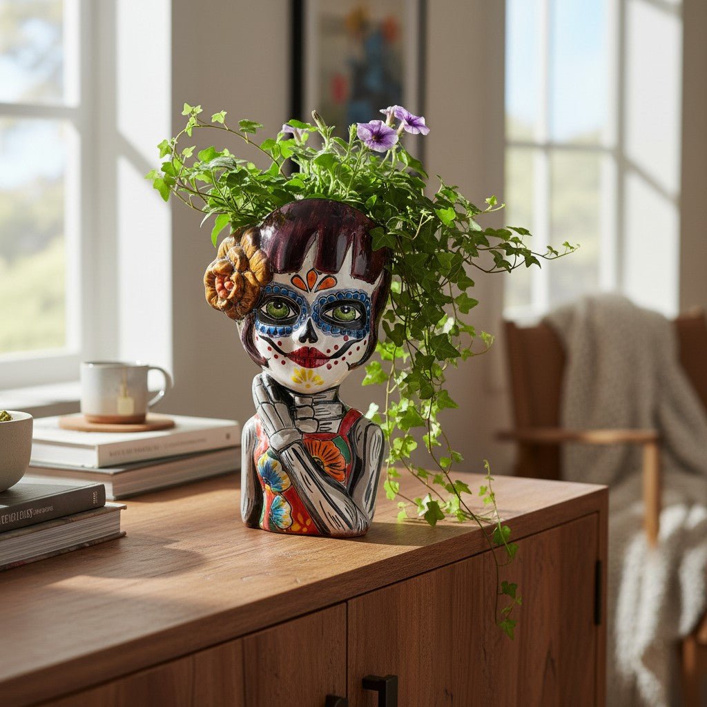 Talavera Day of the Dead Face Planter | Handmade Skull Ceramic Pot Talavera Planter La Vie Bien Talavera Day of the Dead Face Planter | Handmade Skull Ceramic Pot