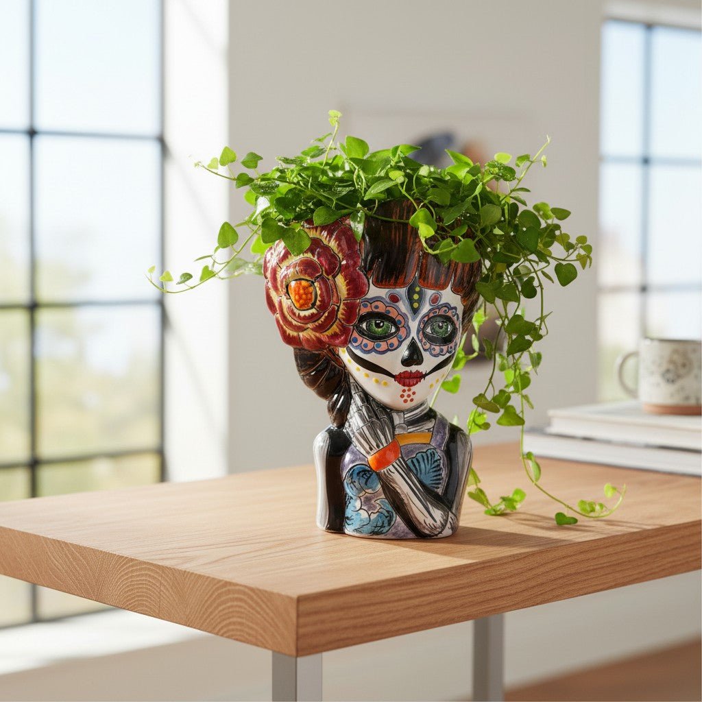 Talavera Day of the Dead Face Planter | Handmade Skull Ceramic Pot Talavera Planter La Vie Bien Talavera Day of the Dead Face Planter | Handmade Skull Ceramic Pot