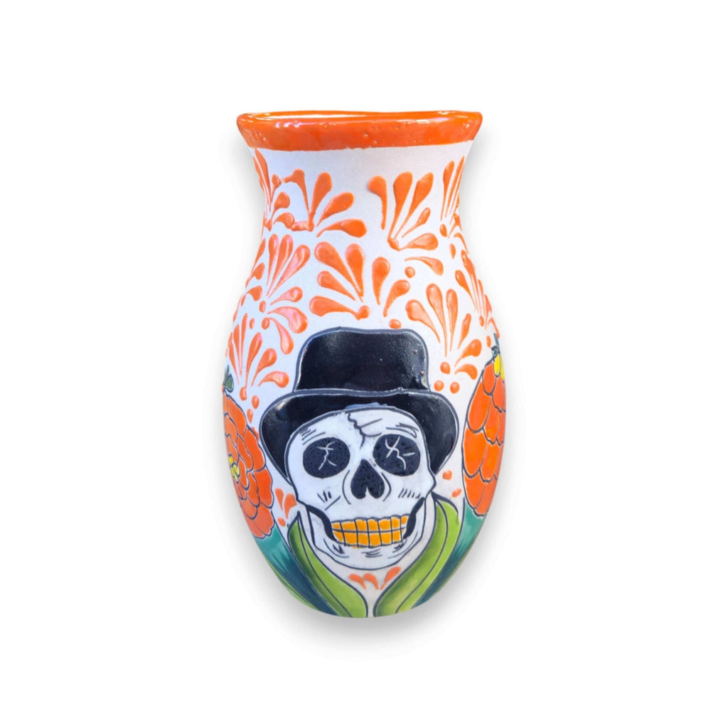 Talavera Day of the Dead Relief Vase | Hand-Painted Pottery Talavera Planter La Vie Bien Talavera Day of the Dead Relief Vase | Hand-Painted Pottery