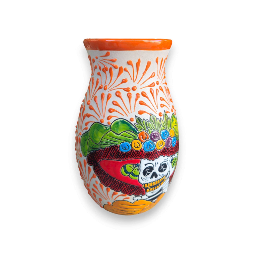 Talavera Day of the Dead Relief Vase | Hand-Painted Pottery Talavera Planter La Vie Bien Talavera Day of the Dead Relief Vase | Hand-Painted Pottery