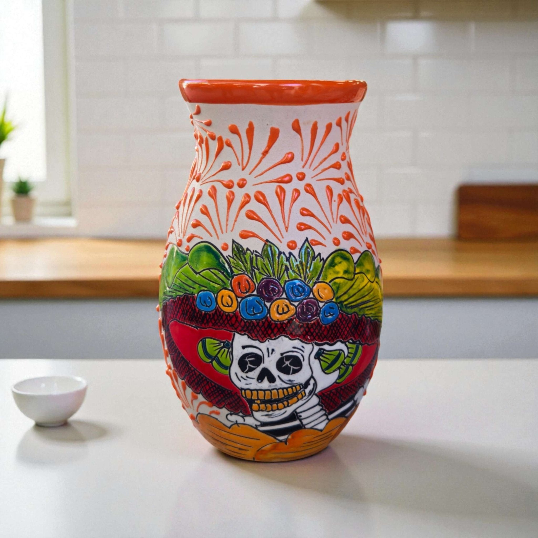 Talavera Day of the Dead Relief Vase | Hand - Painted Pottery Talavera Planter La Vie Bien Talavera Day of the Dead Relief Vase | Hand - Painted Pottery