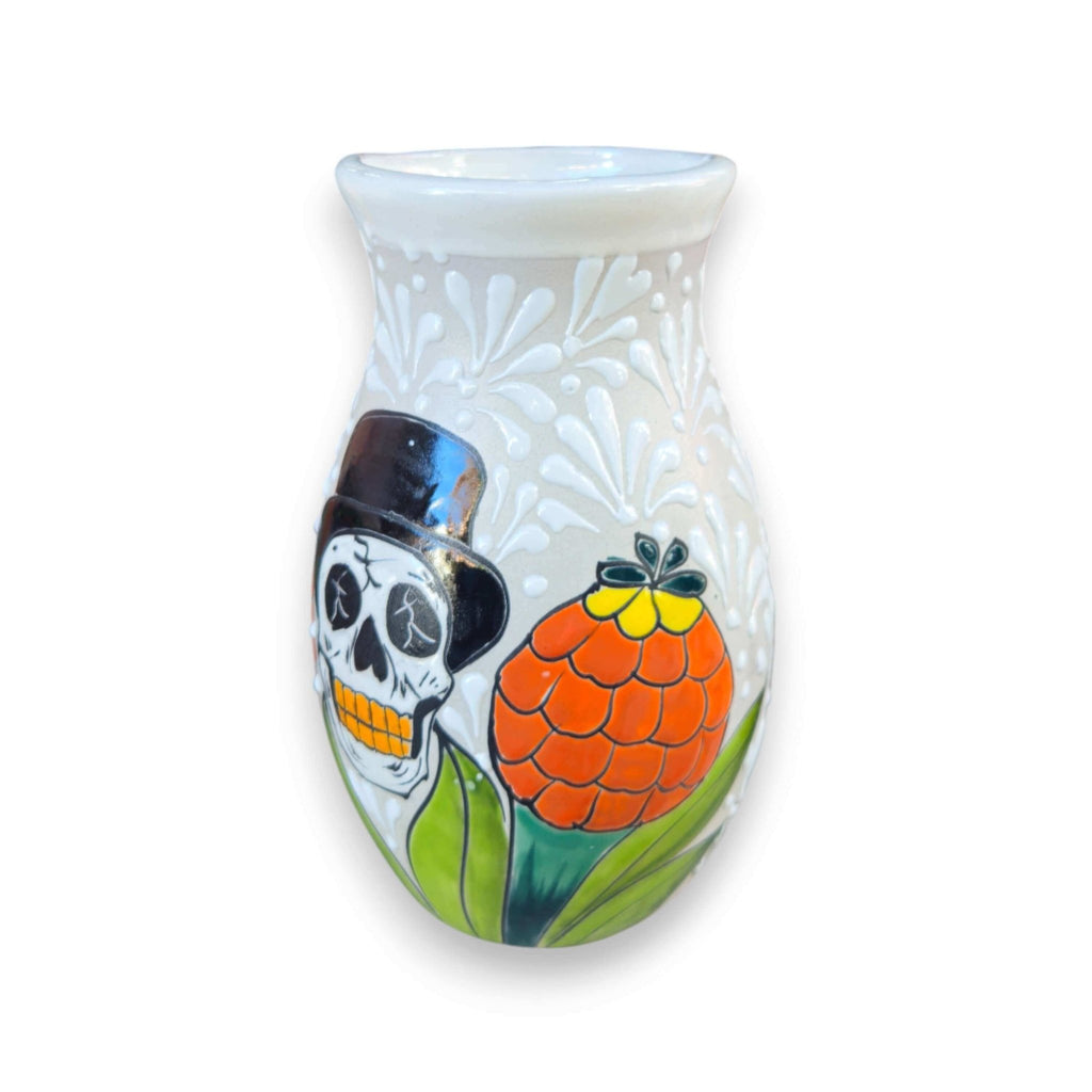 Talavera Day of the Dead Relief Vase | Hand-Painted Pottery Talavera Planter La Vie Bien Talavera Day of the Dead Relief Vase | Hand-Painted Pottery