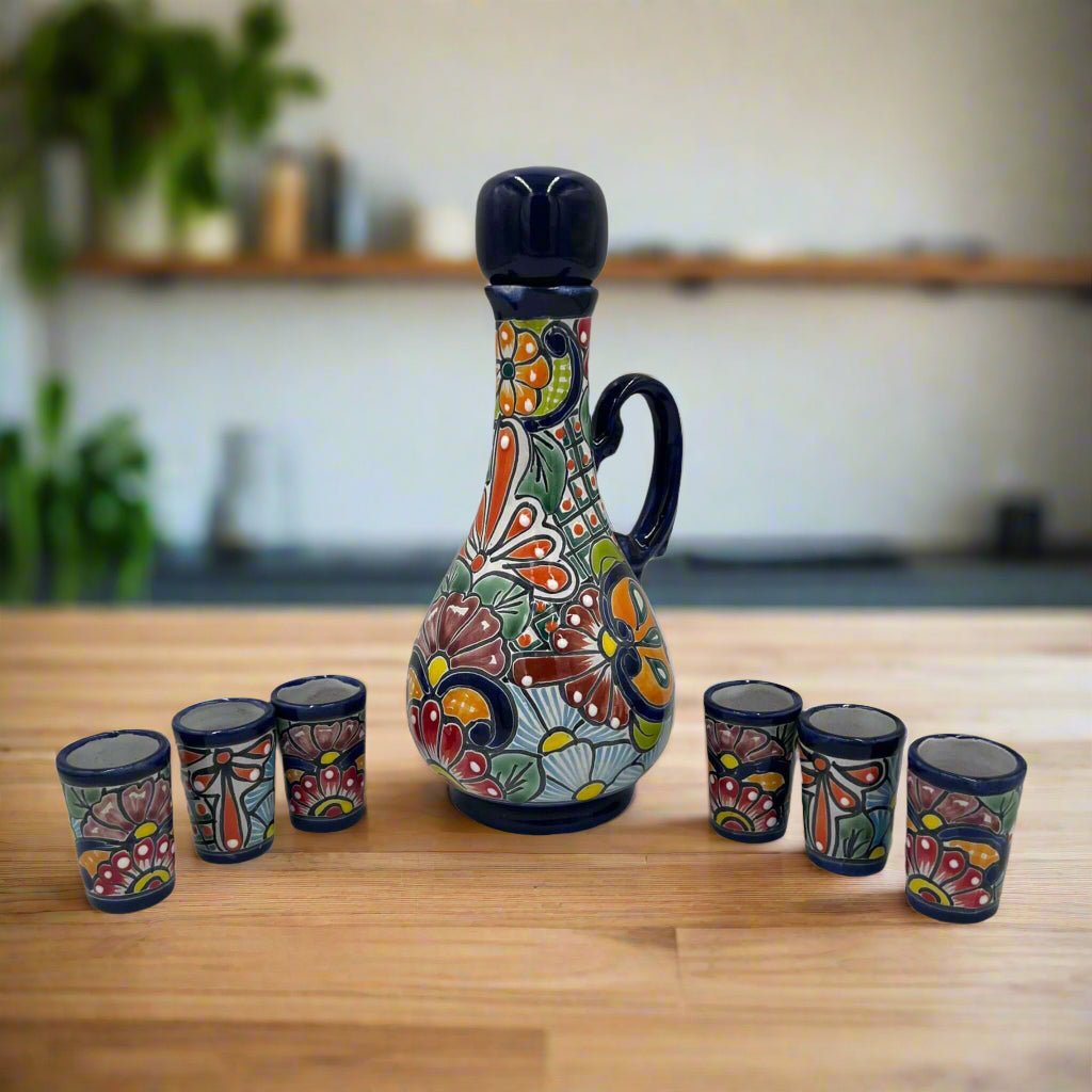 Talavera Decanter with 6 Shot Glasses | Hand Painted Mexican Set Talavera Decanter La Vie Bien Talavera Decanter with 6 Shot Glasses | Hand Painted Mexican Set