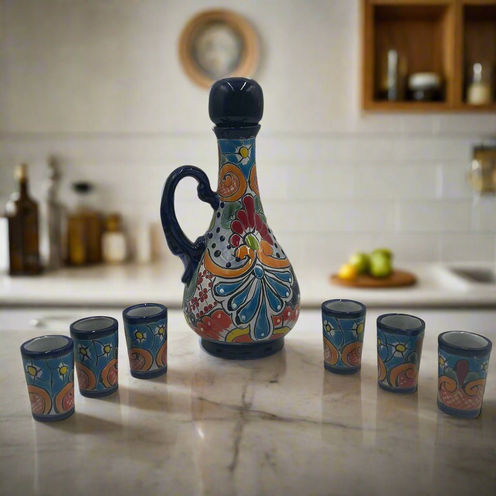 Talavera Decanter with 6 Shot Glasses | Hand Painted Mexican Set Talavera Decanter La Vie Bien Talavera Decanter with 6 Shot Glasses | Hand Painted Mexican Set
