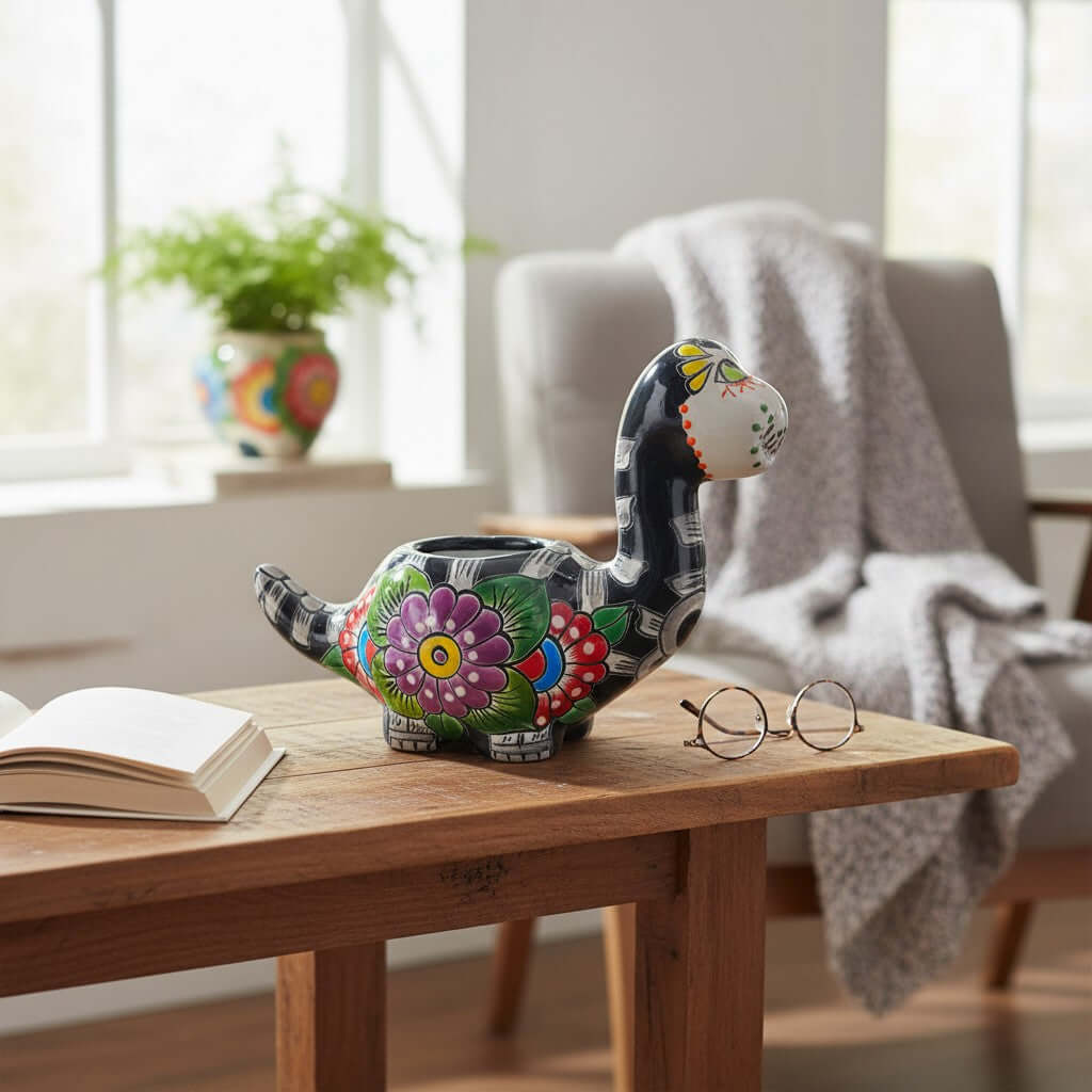 Talavera Dinosaur Planter | Day of the Dead Brachiosaurus Talavera Planter La Vie Bien Talavera Dinosaur Planter | Day of the Dead Brachiosaurus