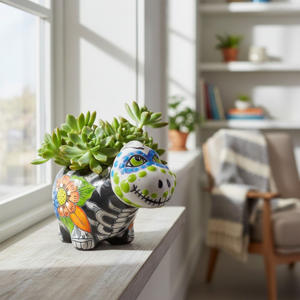 Talavera Dinosaur Planter | Day of the Dead Brachiosaurus Talavera Planter La Vie Bien Talavera Dinosaur Planter | Day of the Dead Brachiosaurus
