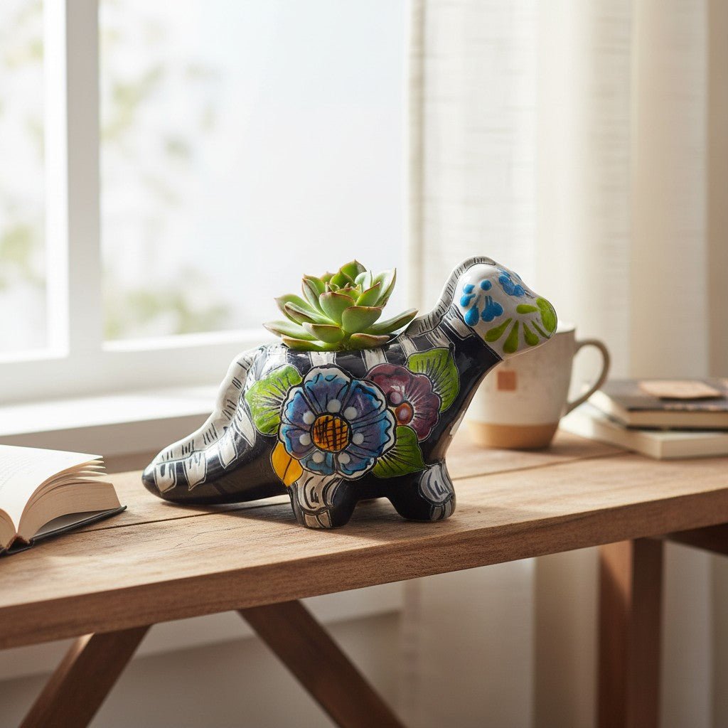 Talavera Dinosaur Planter | Day of the Dead Brachiosaurus Talavera Planter La Vie Bien Talavera Dinosaur Planter | Day of the Dead Brachiosaurus