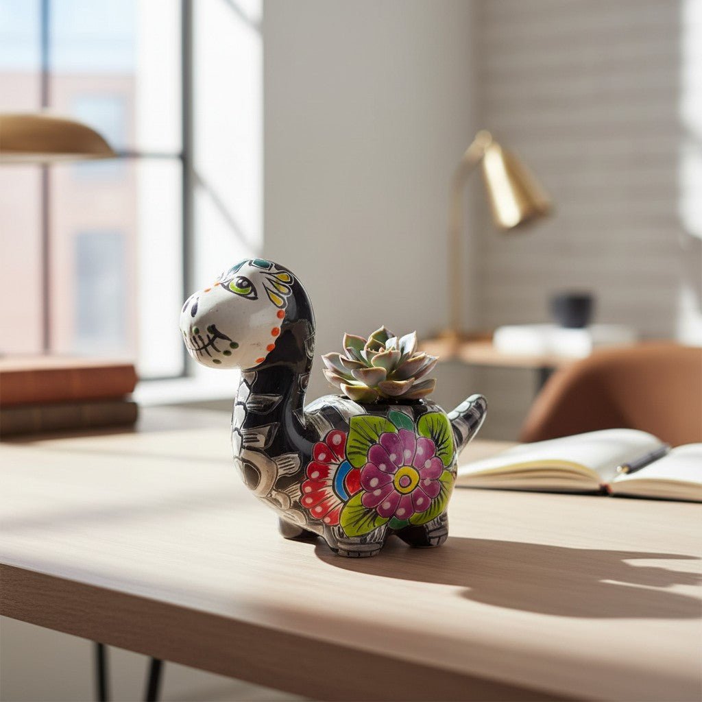 Talavera Dinosaur Planter | Day of the Dead Brachiosaurus Talavera Planter La Vie Bien Talavera Dinosaur Planter | Day of the Dead Brachiosaurus