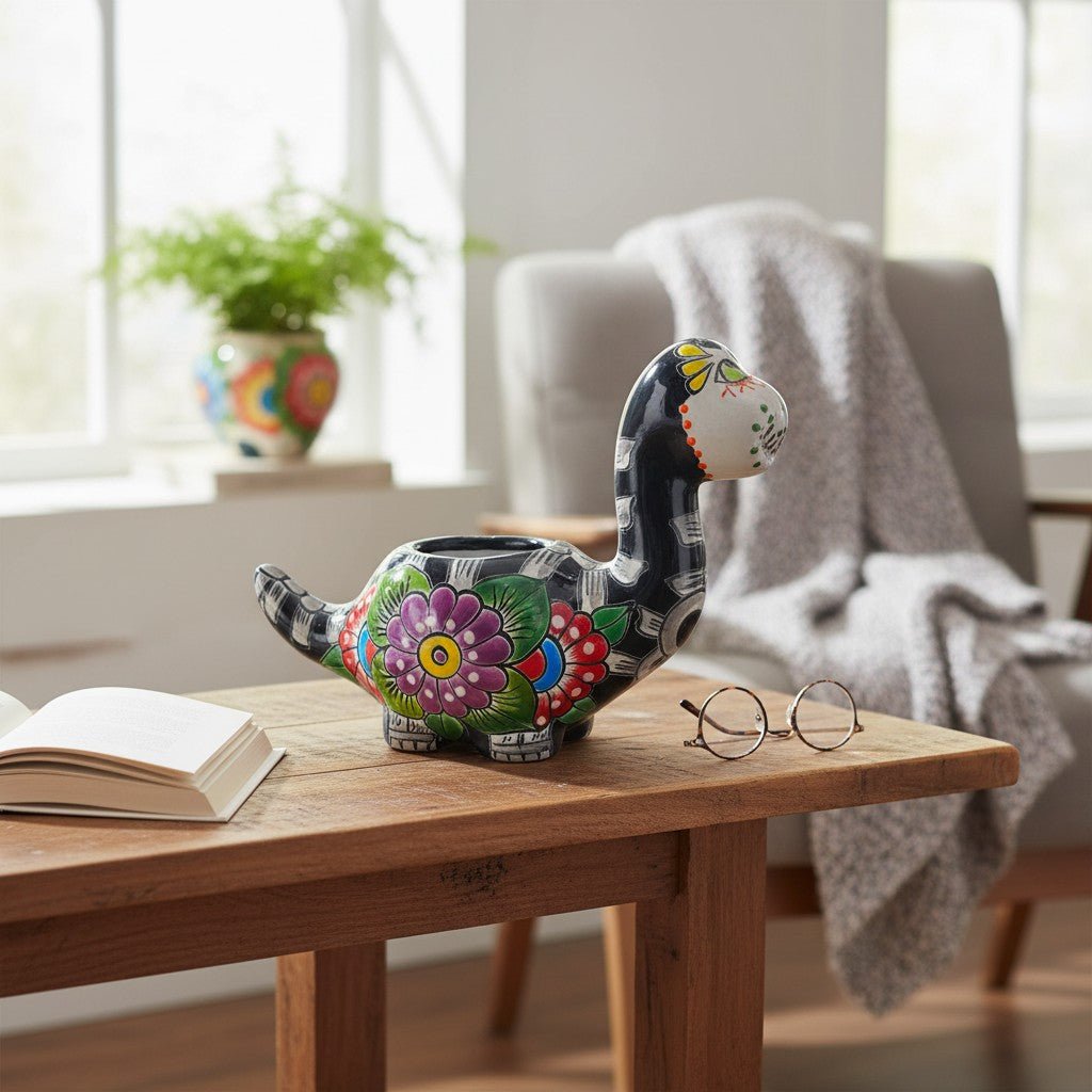 Talavera Dinosaur Planter | Day of the Dead Brachiosaurus Talavera Planter La Vie Bien Talavera Dinosaur Planter | Day of the Dead Brachiosaurus