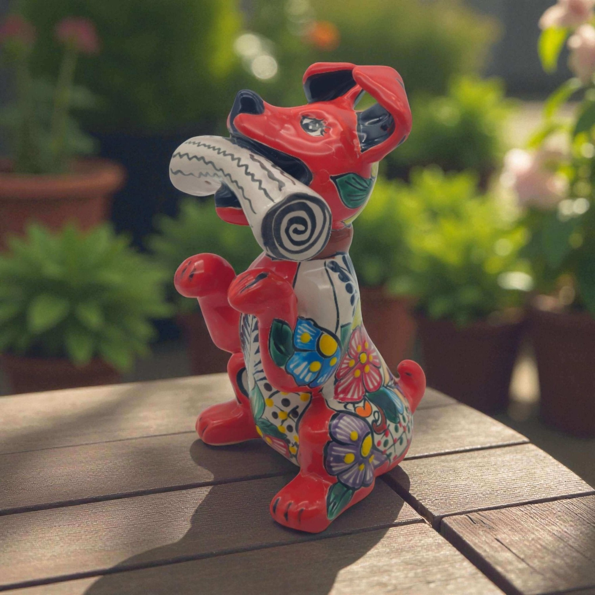 Talavera Dog Holding Newspaper Statue | Colorful Mexican Garden Art Talavera Statue La Vie Bien Talavera Dog Holding Newspaper Statue | Colorful Mexican Garden Art