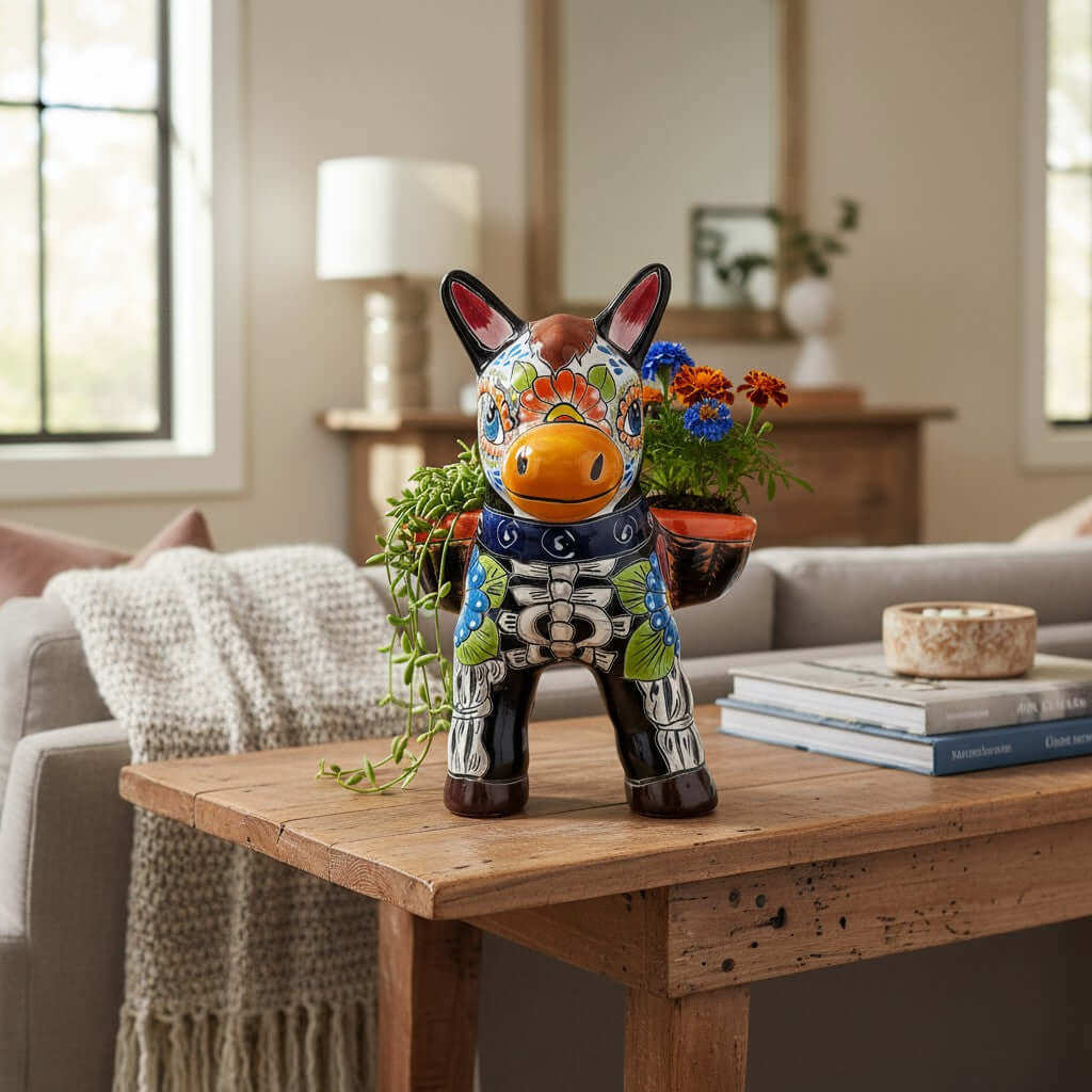 Talavera Donkey Planter | Colorful Day of the Dead Art Talavera Planter La Vie Bien Talavera Donkey Planter | Colorful Day of the Dead Art
