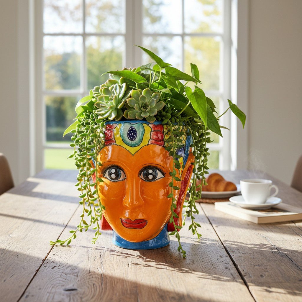Talavera Face Planter | Hand - Painted Mexican Lady Pot Folk Art Talavera Planter La Vie Bien Talavera Face Planter | Hand - Painted Mexican Lady Pot Folk Art