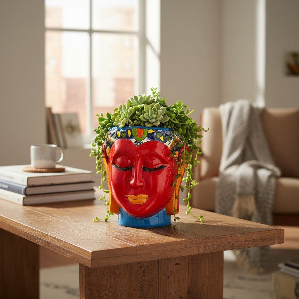 Talavera Face Planter | Hand - Painted Mexican Lady Pot Folk Art Talavera Planter La Vie Bien Talavera Face Planter | Hand - Painted Mexican Lady Pot Folk Art