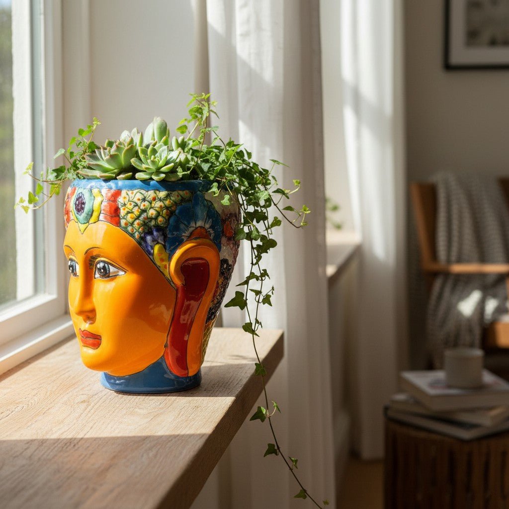 Talavera Face Planter | Hand-Painted Mexican Lady Pot Folk Art Talavera Planter La Vie Bien Talavera Face Planter | Hand-Painted Mexican Lady Pot Folk Art