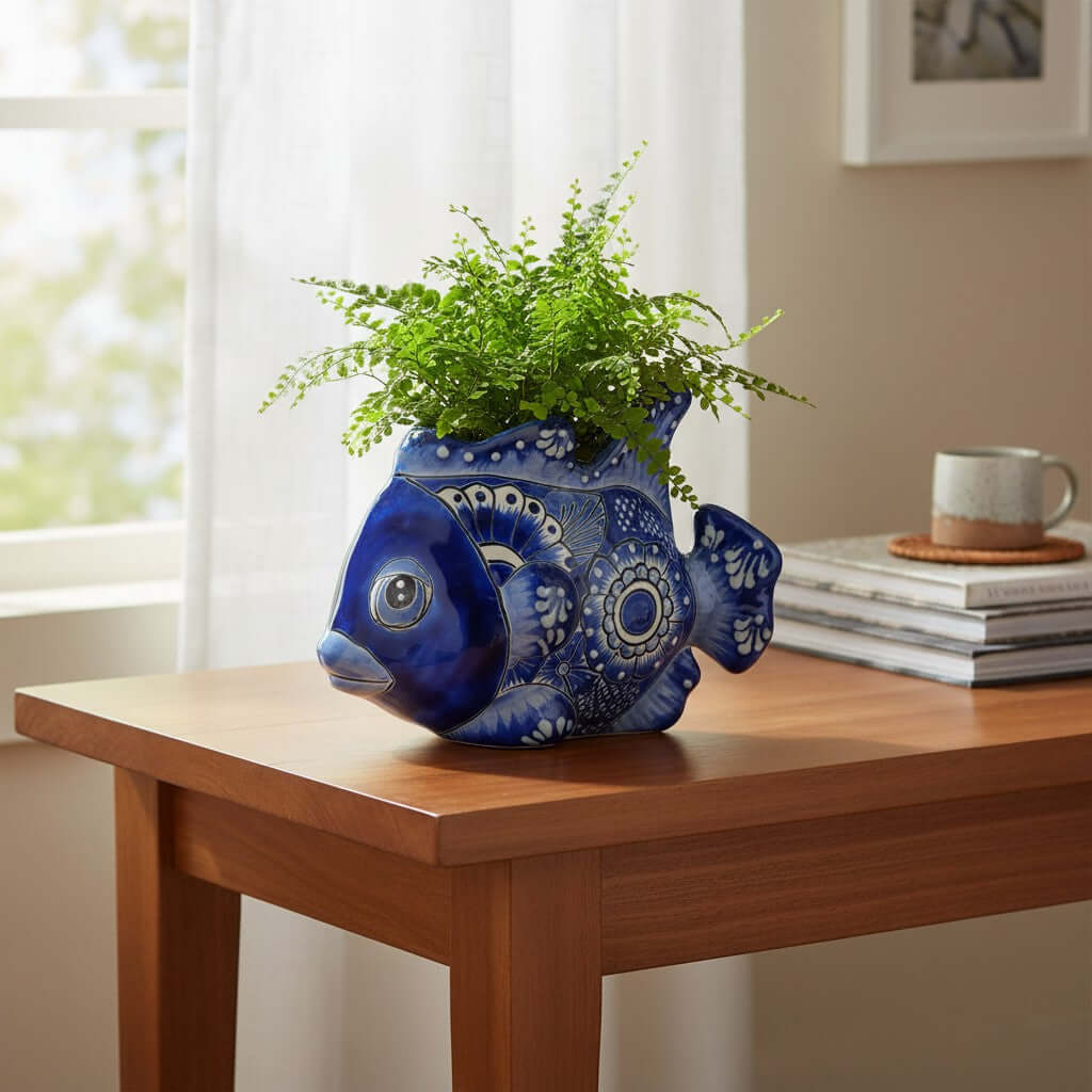 Talavera Fish Planter | Blue & White Design Talavera Planter La Vie Bien Talavera Fish Planter | Blue & White Design