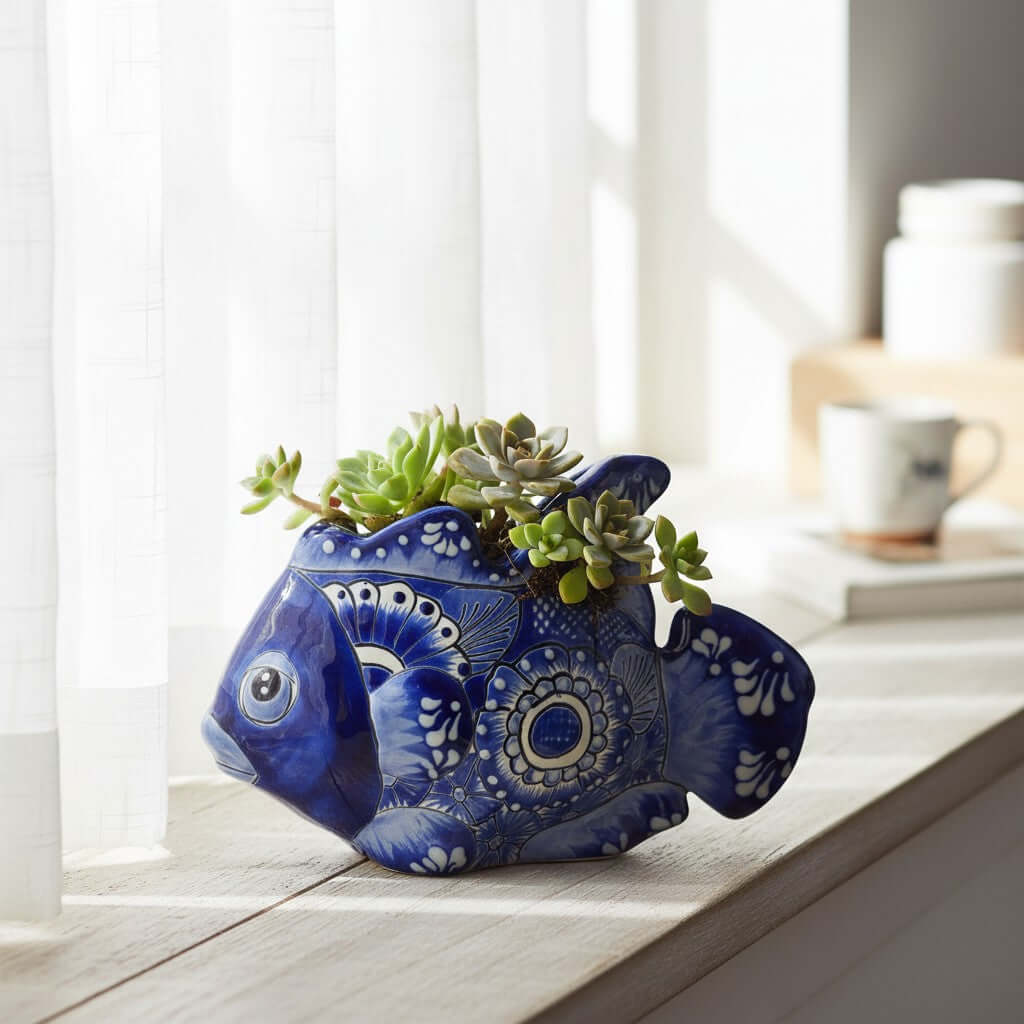 Talavera Fish Planter | Blue & White Design Talavera Planter La Vie Bien Talavera Fish Planter | Blue & White Design