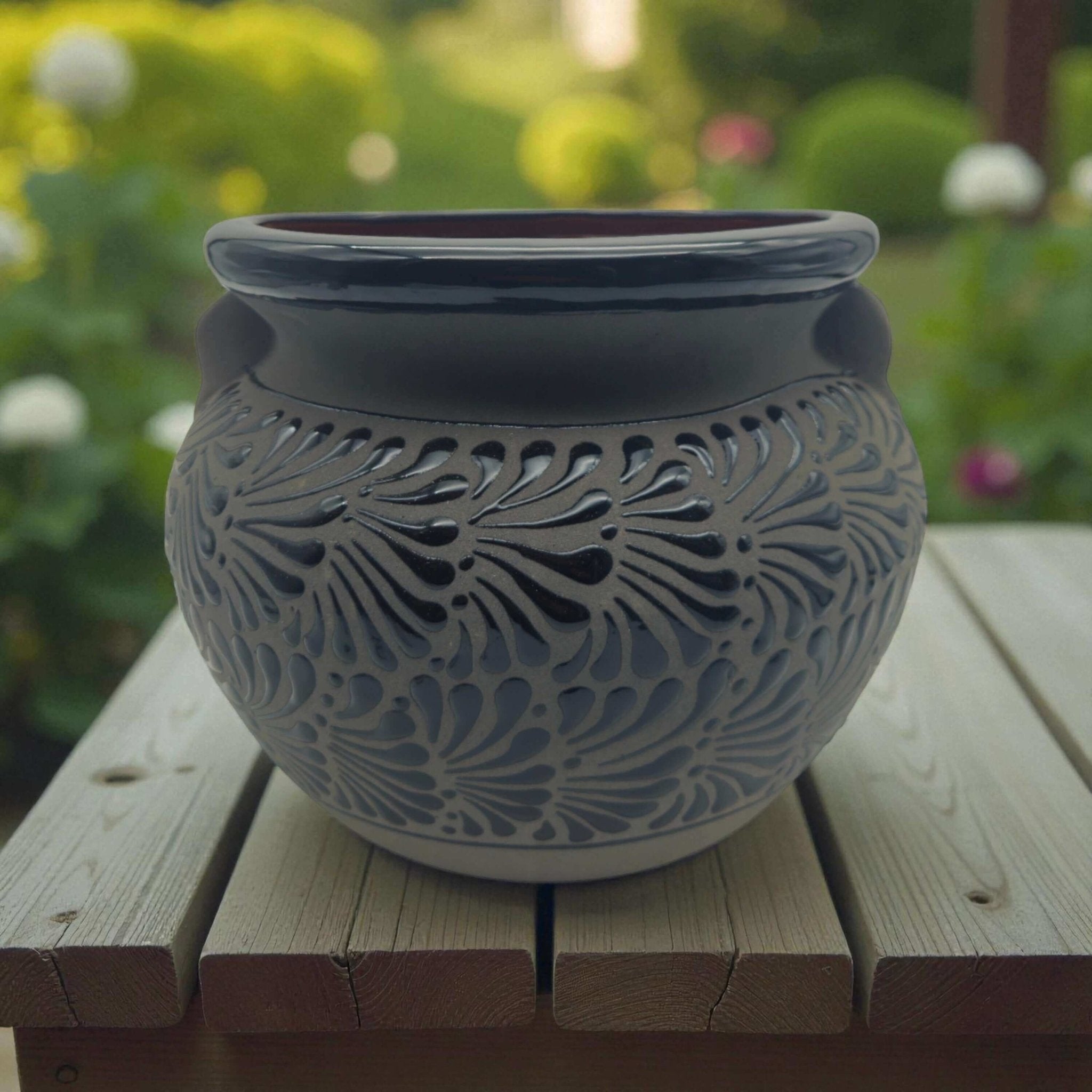 Talavera Floral Pot | Handcrafted Black Design Talavera Flower Pot La Vie Bien Talavera Floral Pot | Handcrafted Black Design