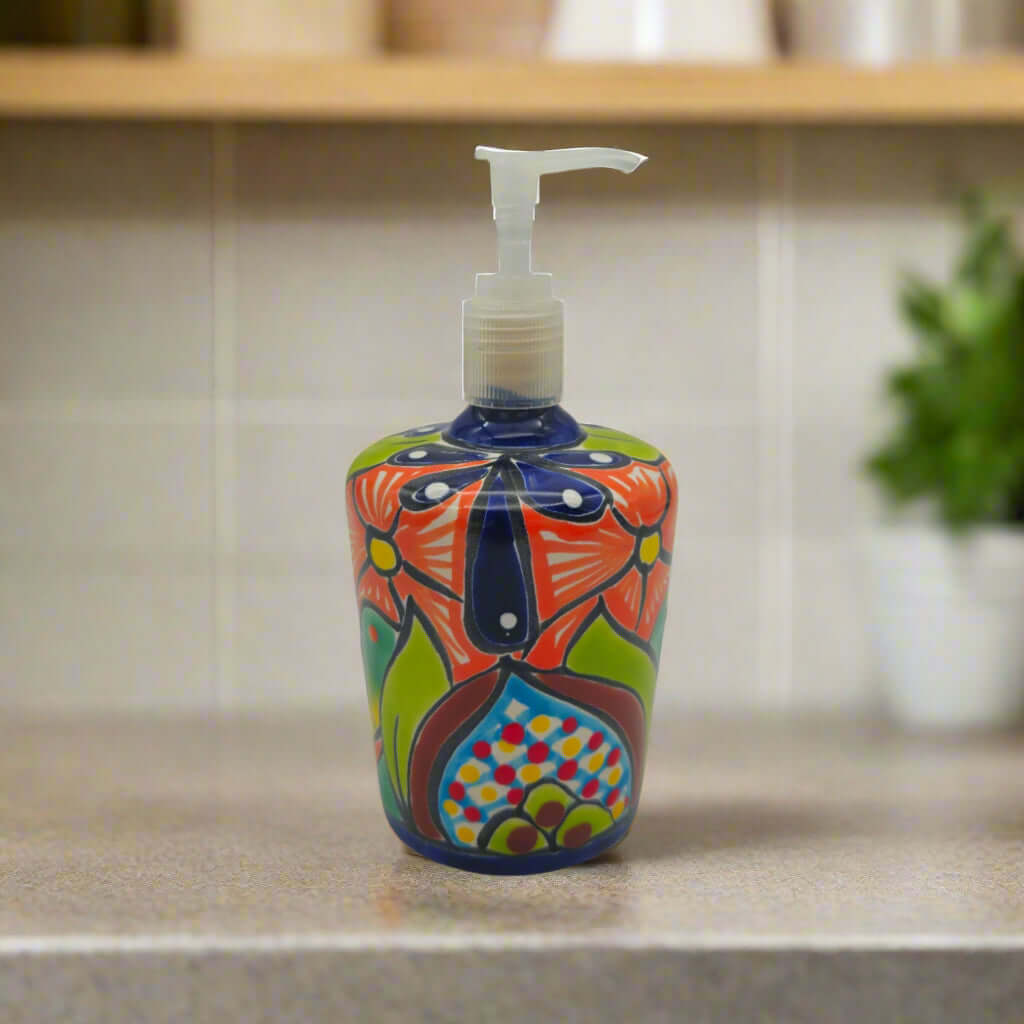 Talavera Floral Soap Pump | Hand - Painted Mexican Ceramic Talavera Soap Dispenser La Vie Bien Talavera Floral Soap Pump | Hand - Painted Mexican Ceramic